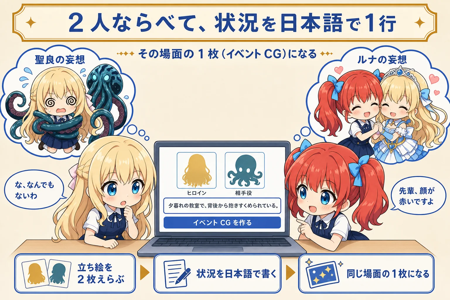 3 枚目「2 人ならべて、状況を日本語で 1 行」。ヒロインと相手役を選び、「夕暮れの教室で、背後から抱きすくめられている。」と書くと、2 人が同じ場面にいる 1 枚(イベント CG)になる。