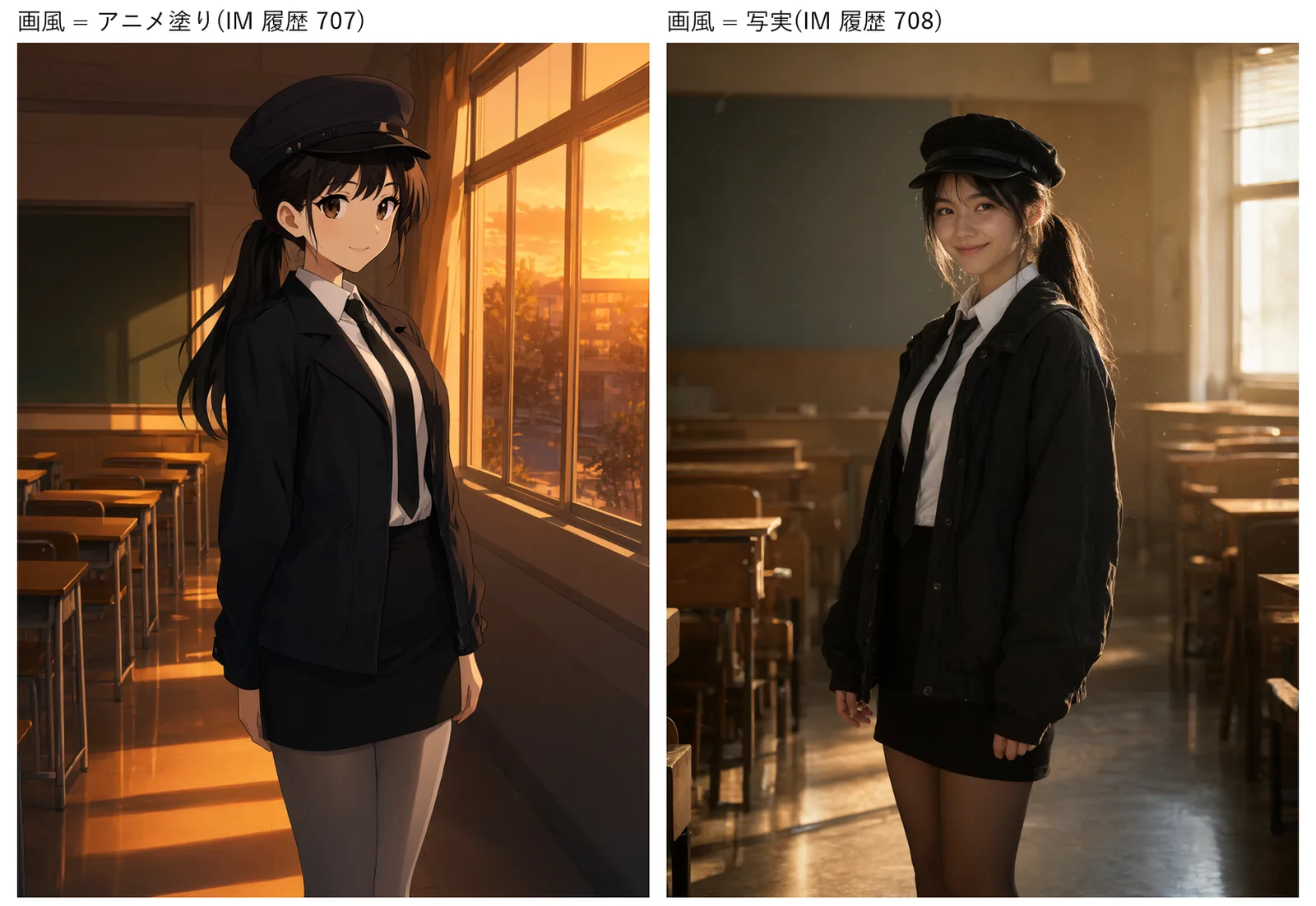 同じキャラクターのタグと同じ要望から作った 2 枚。左は画風「アニメ塗り」でアニメ調の教室の絵、右は画風「写実」で写真のような教室の絵。