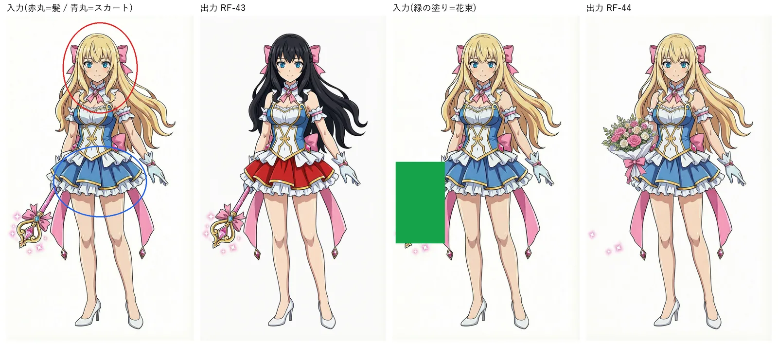 左の 2 枚は、髪に赤い丸・スカートに青い丸を描いた入力と、髪が黒・スカートが赤になった出力。右の 2 枚は、左手のあたりを緑で塗った入力と、そこに花束が出た出力。