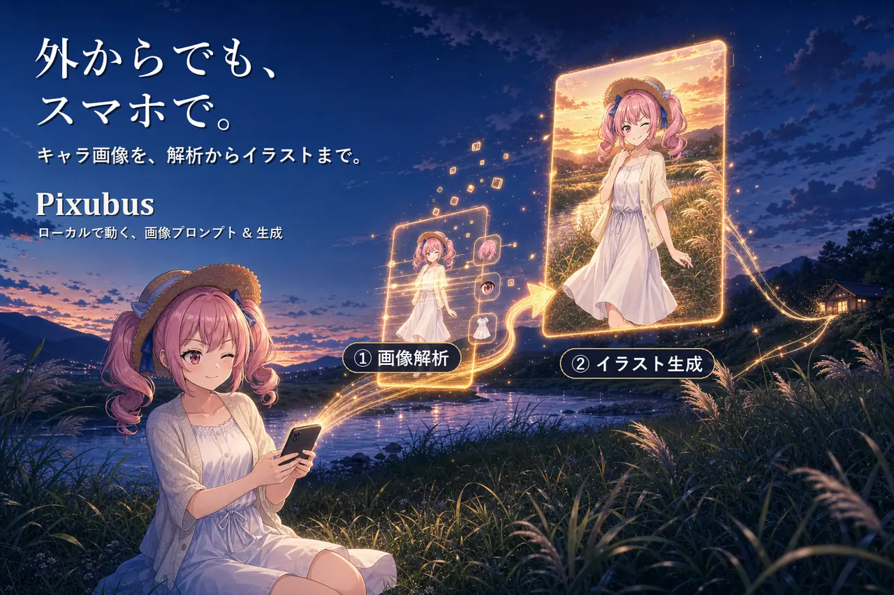外でスマホを操作する女の子(本ツールで作ったキャラ)。スマホから ① 画像解析 → ② イラスト生成 のホログラムが流れ、遠くの家の GPU へ光の糸がつながる。「外からでも、スマホで。キャラ画像を、解析からイラストまで。」