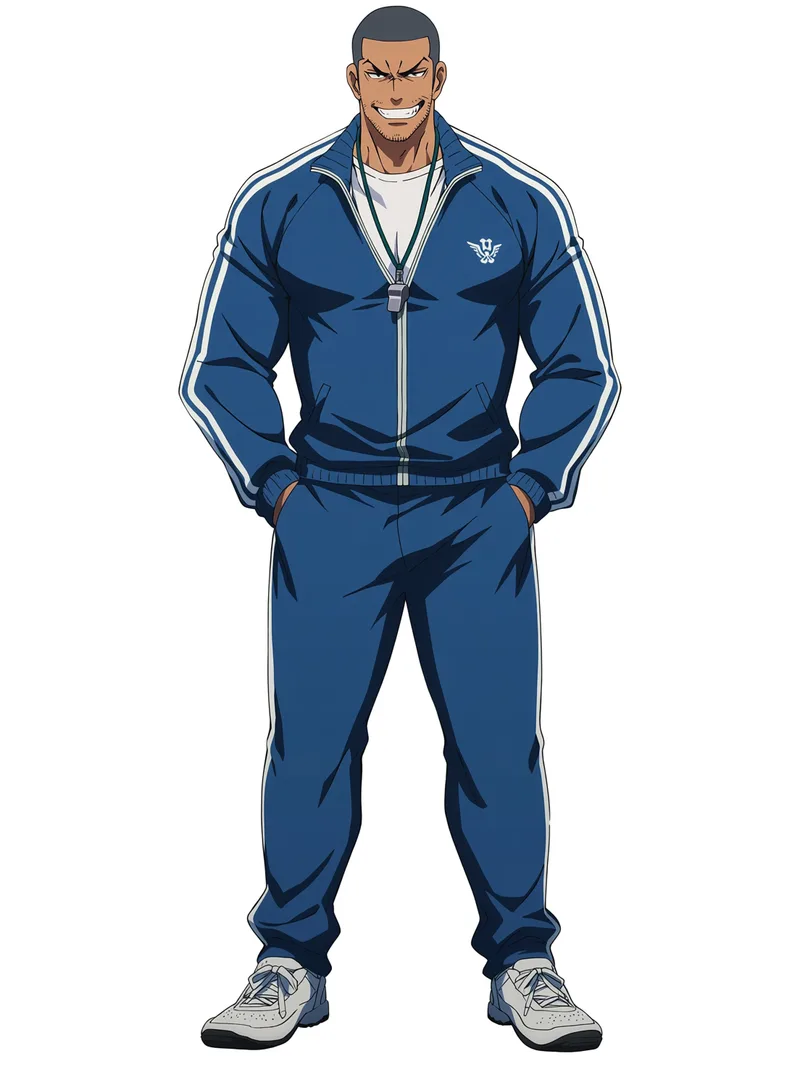 男性キャラ生成で作った立ち絵の例。青いジャージ上下を着た日焼けの中年男性。坊主頭、無精髭、首から笛を下げている。背景なしの全身立ち絵。