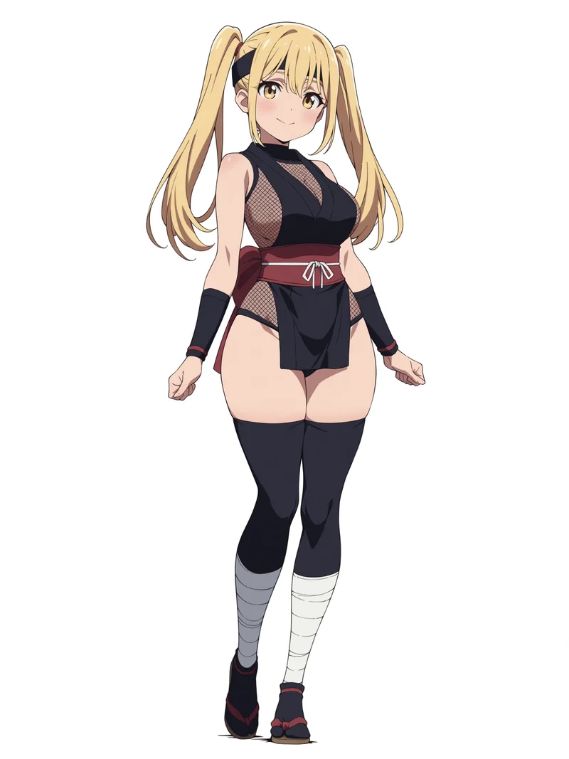 キャラクター生成で作った作例キャラの立ち絵。金髪ツインテールのくノ一(女子高生 × くノ一装束)。黒の忍装束に赤い帯、額当て、ニーソックスと脚の包帯。背景なしの全身立ち絵。