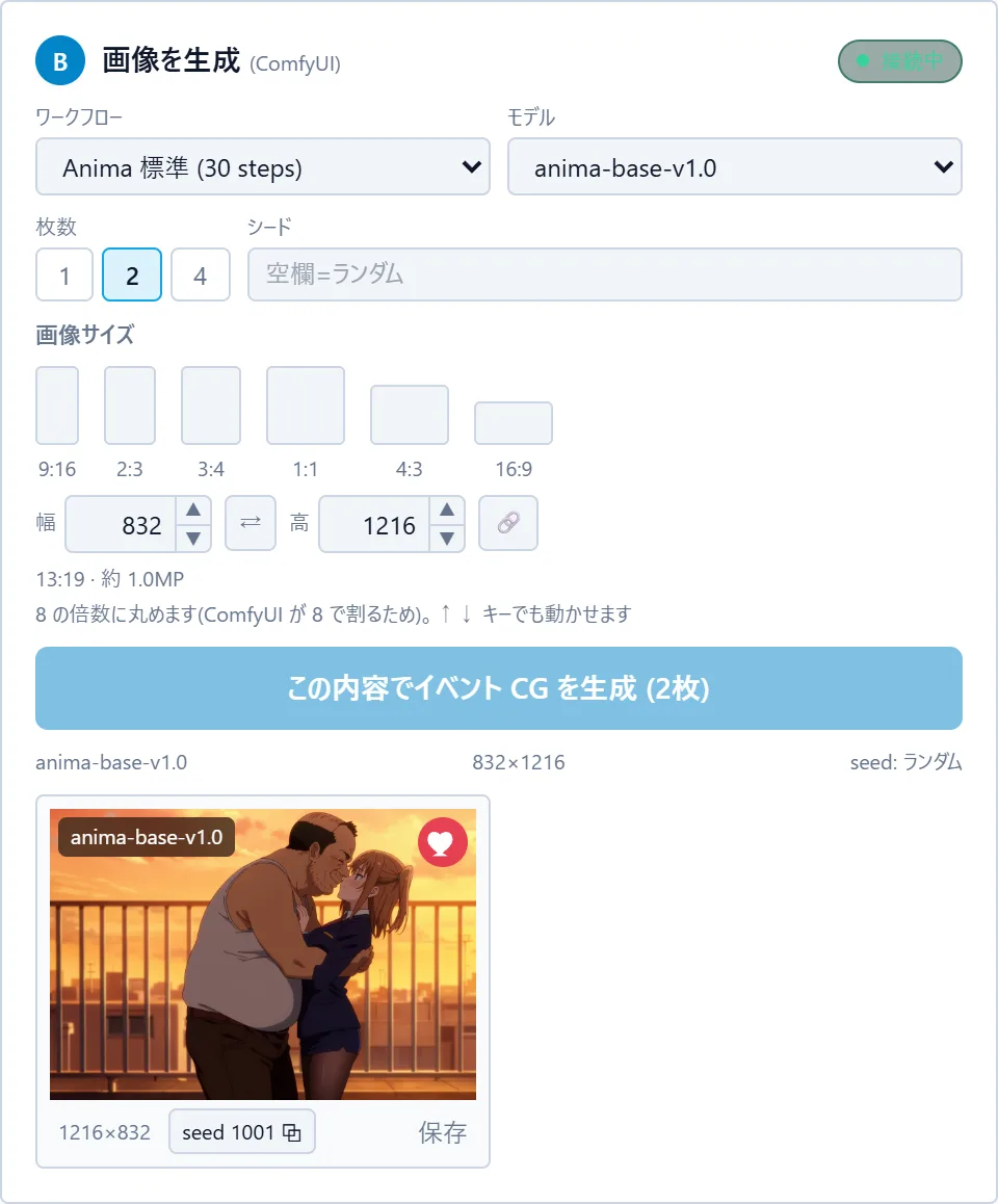 B 画像を生成(ComfyUI)。ワークフローは Anima 標準(30 steps)、モデルは anima-base-v1.0、枚数は 2、シードは空欄、画像サイズは 832 × 1216。下に生成ボタンと、できた絵のサムネイル(モデル名バッジと seed 1001 付き)。