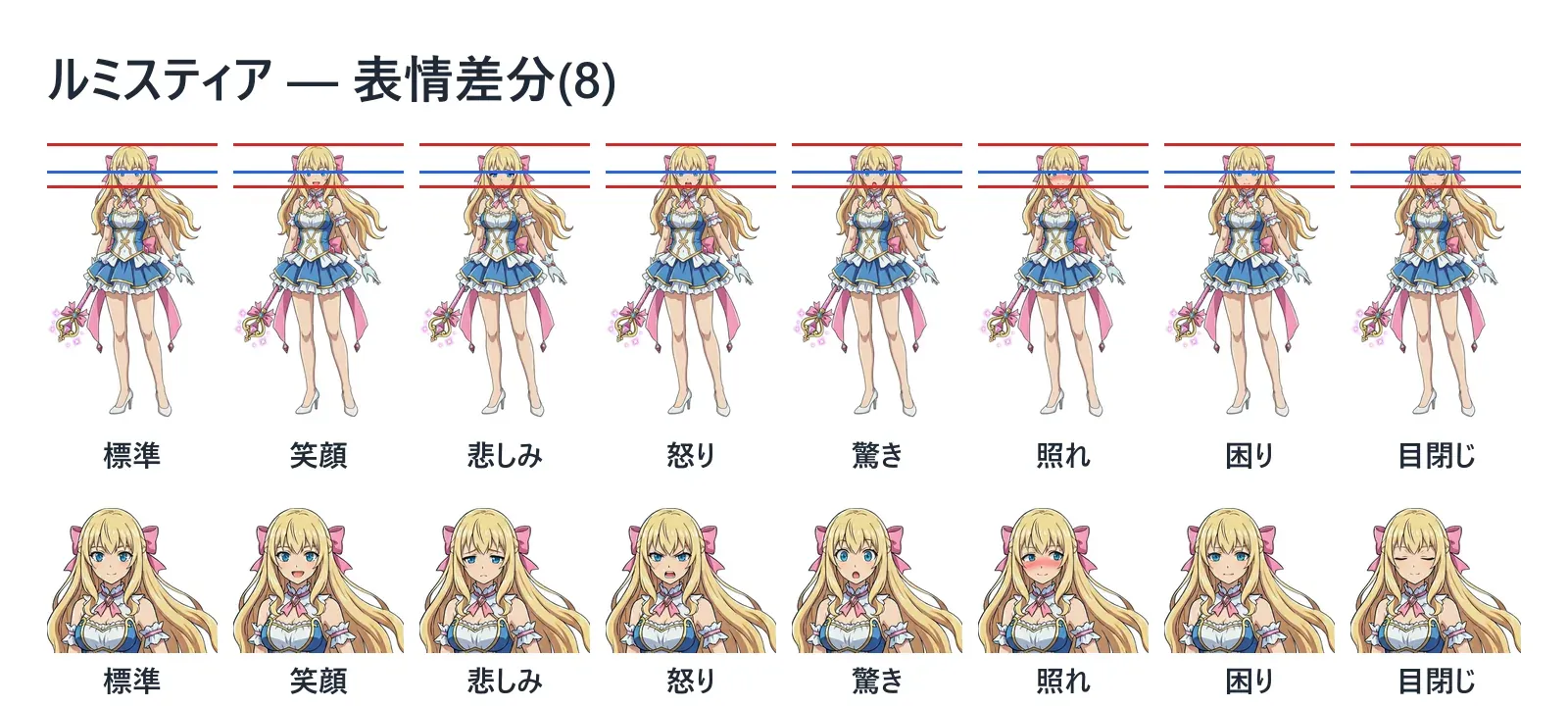 「ルミスティア — 表情差分(8)」のシート。上の段は全身の 8 枚で、頭頂・目・あごのガイド線が入っている。下の段は顔だけを切り出した 8 枚。各絵の下に標準・笑顔・悲しみ・怒り・驚き・照れ・困り・目閉じの名前。